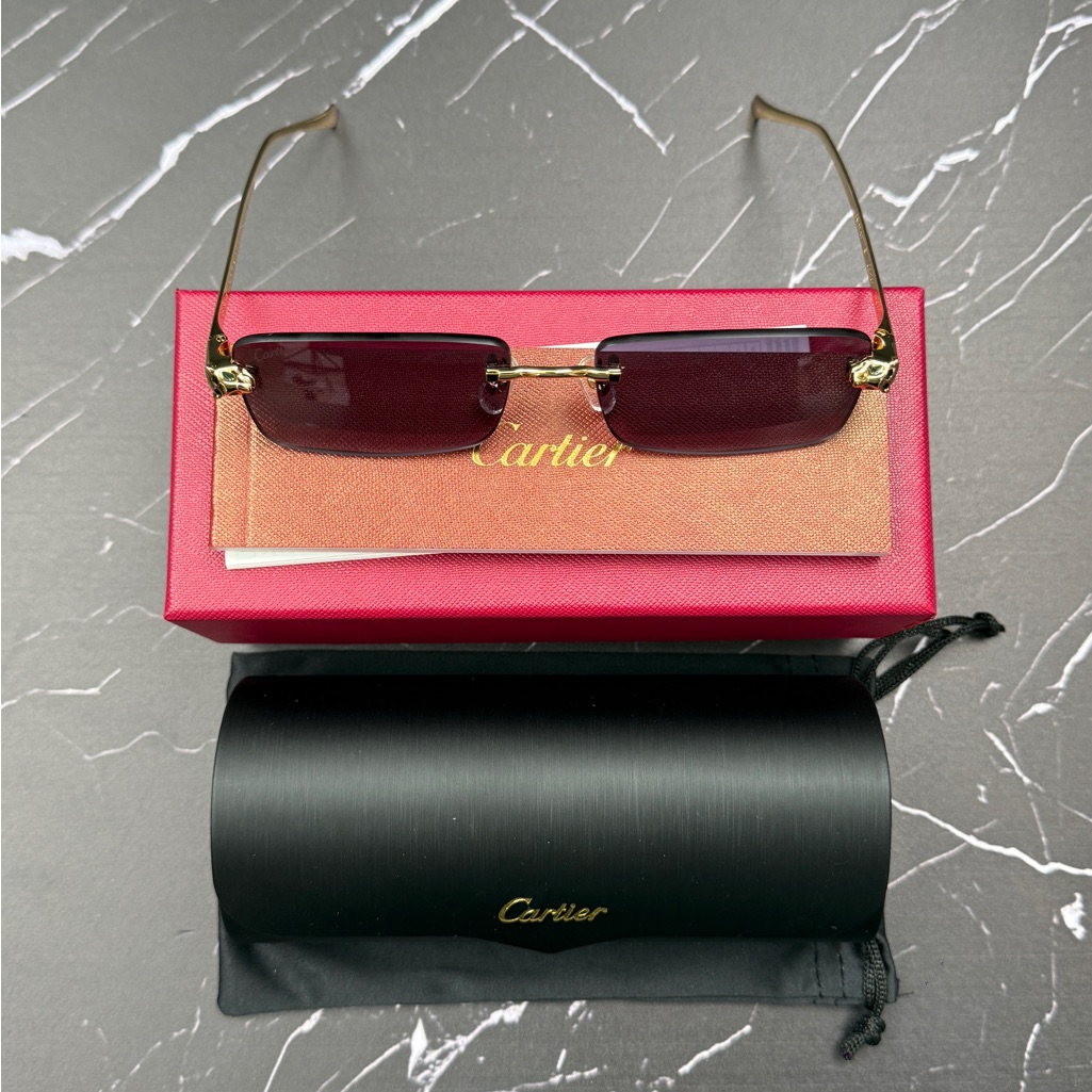 Cartier Gold Rimless Sunglasses With Burgundy Lenses